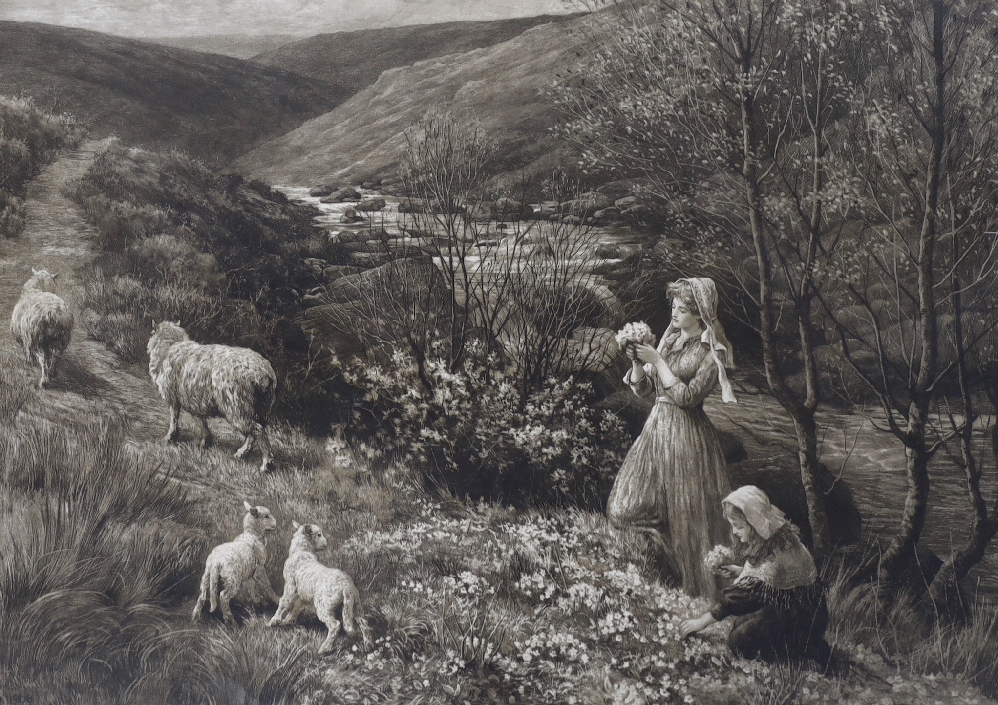 Herbert Dicksee (1862-1942), etching, 'Primrose Gatherers', signed in pencil, publ. 1908, exhibited Royal Academy 1909, 50 x 70cm
